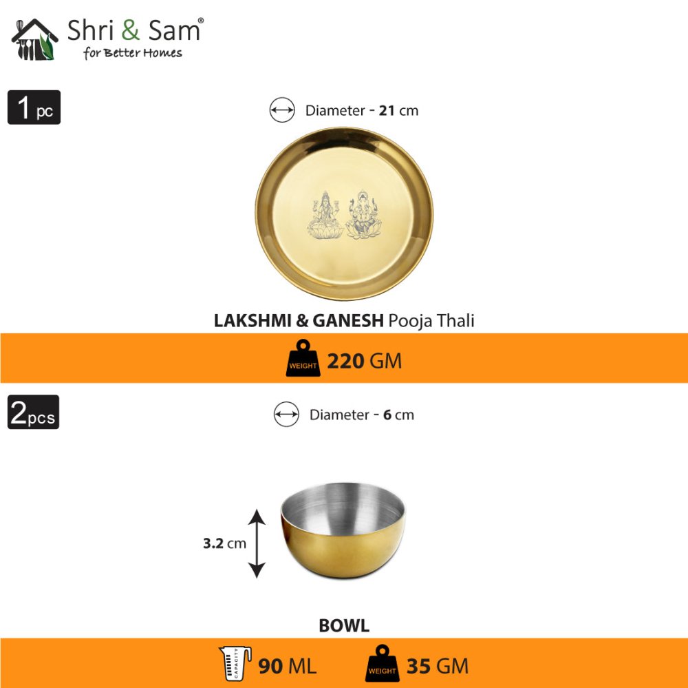 Stainless Steel Pooja Thali Set with Gold PVD Coating Laxmi & Ganesh