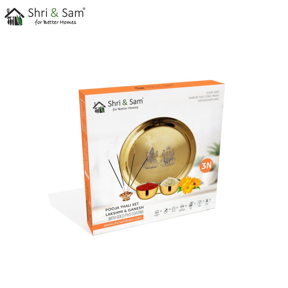 Stainless Steel Pooja Thali Set with Gold PVD Coating Laxmi & Ganesh