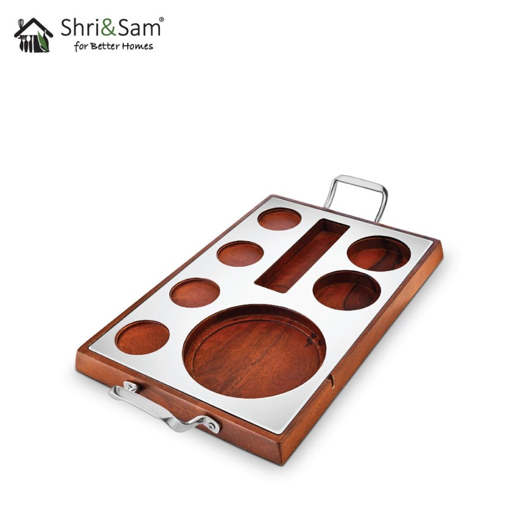 Stainless Steel Tea & Coffee Serving Set with Wooden Tray