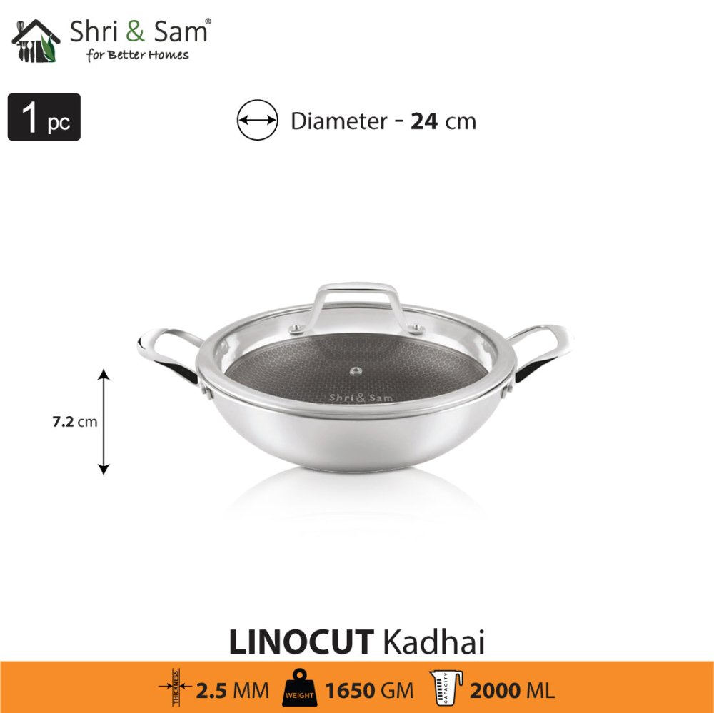 Stainless Steel Triply Non - Stick Kadhai with Glass Lid Linocut