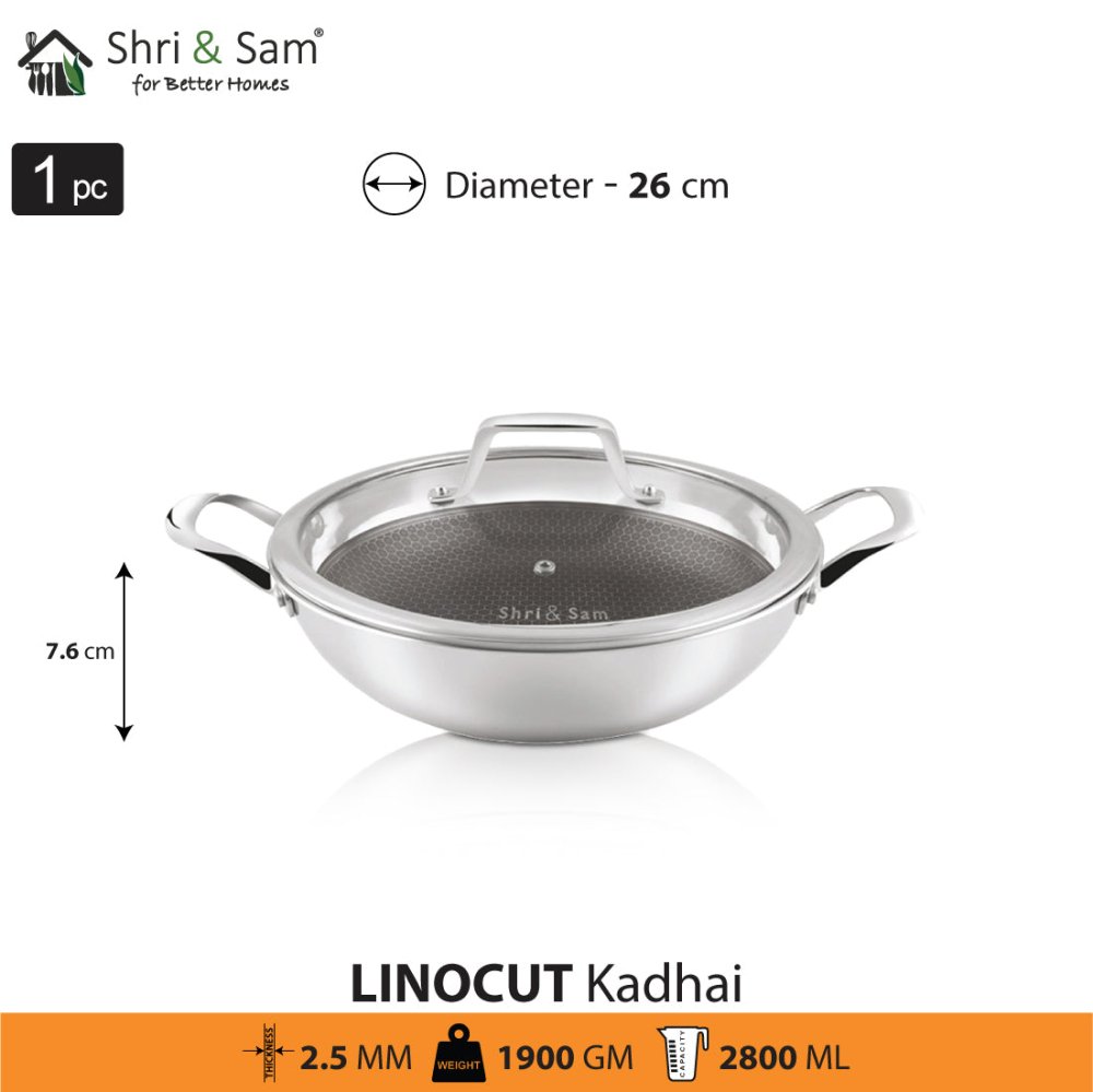 Stainless Steel Triply Non - Stick Kadhai with Glass Lid Linocut