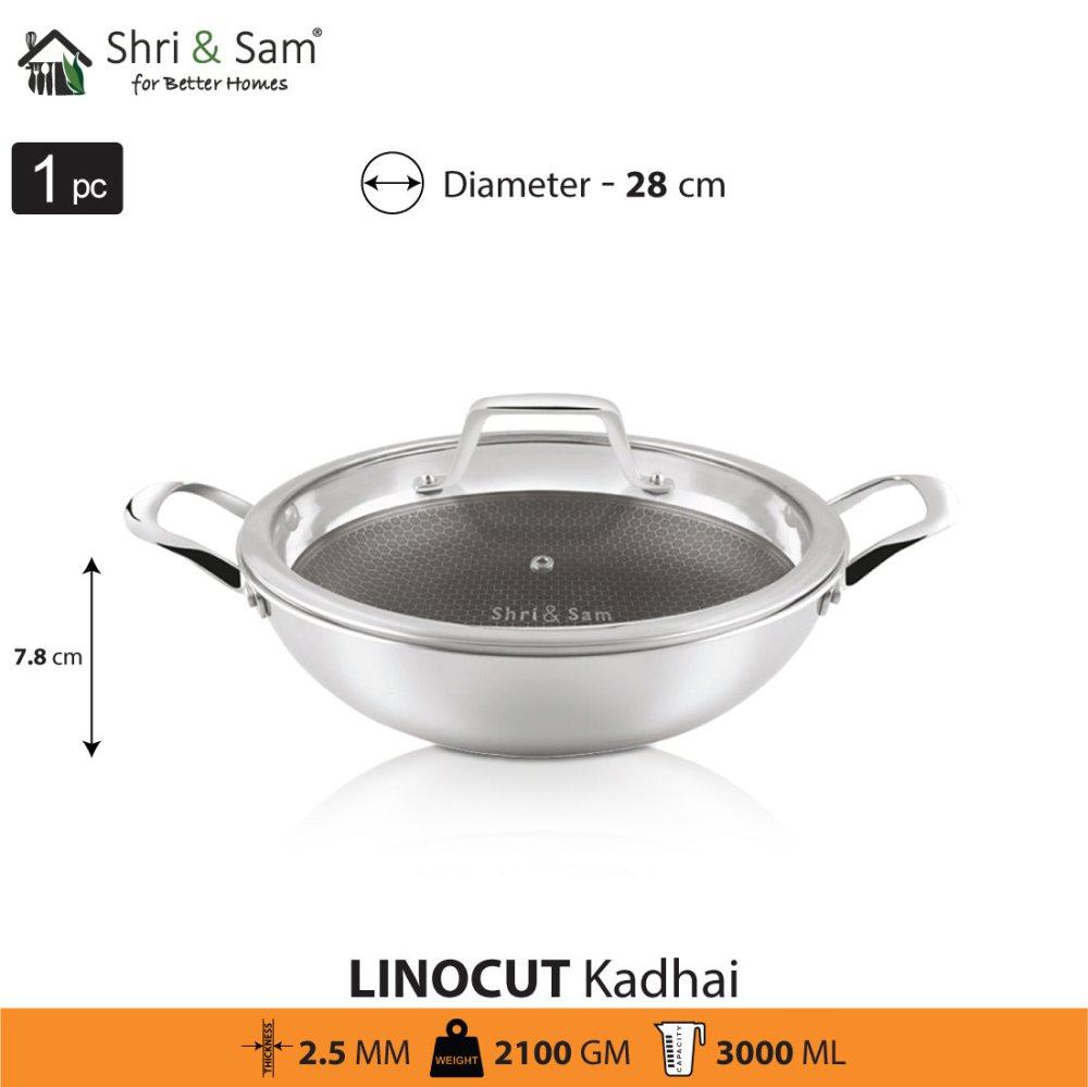 Stainless Steel Triply Non - Stick Kadhai with Glass Lid Linocut
