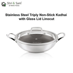 Stainless Steel Triply Non - Stick Kadhai with Glass Lid Linocut